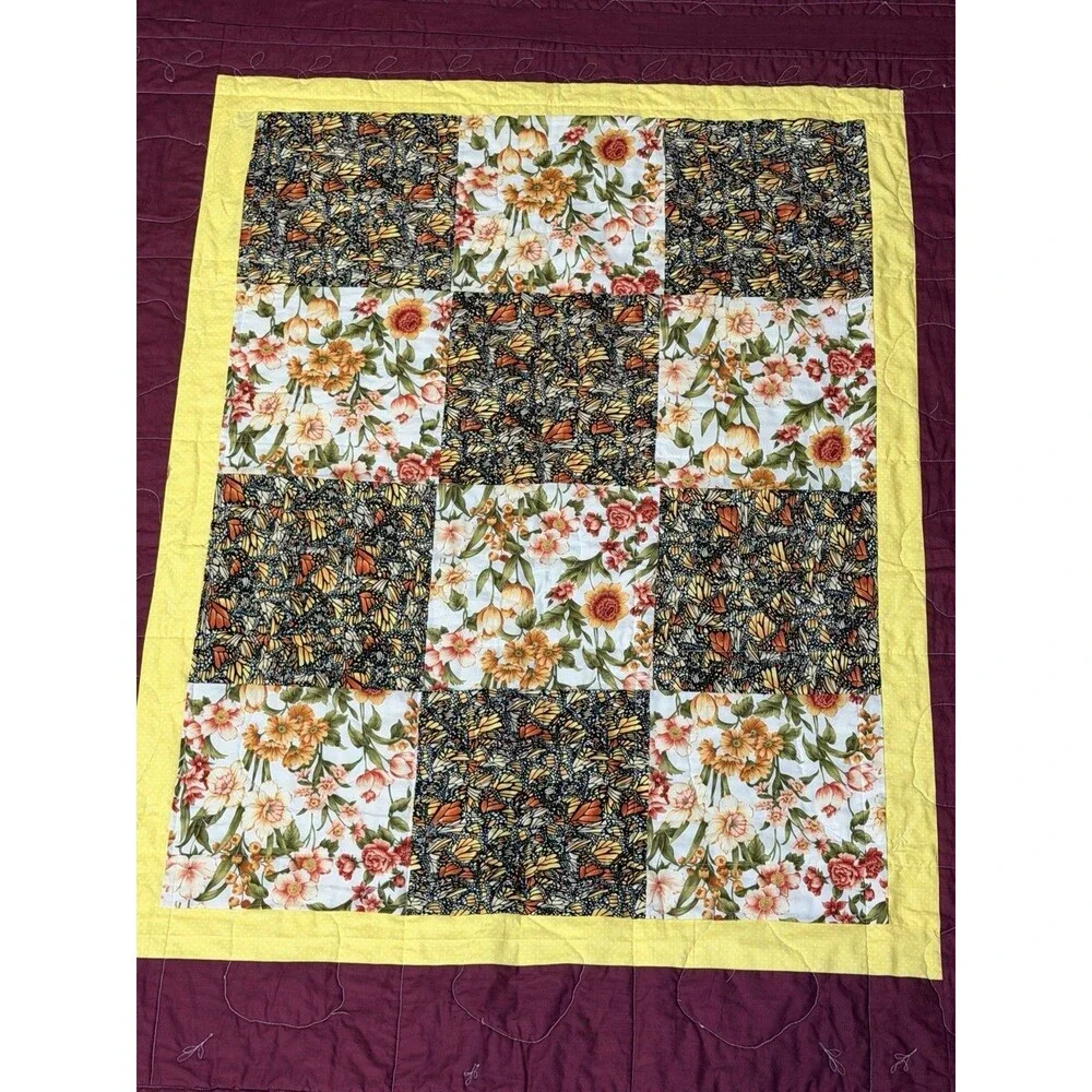 French Roses Quilt Blanket Handcrafted 59x59 Wall Hang Sleeve Raw Edge Applique